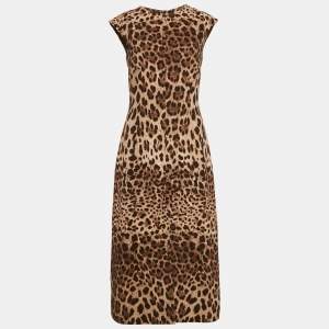 Pre Owned Dolce & Gabbana Brown Leopard Print Wool Midi Dress S