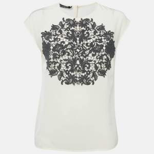Pre Owned Dolce & Gabbana Cream Lace Trim Silk Sleeveless Blouse M