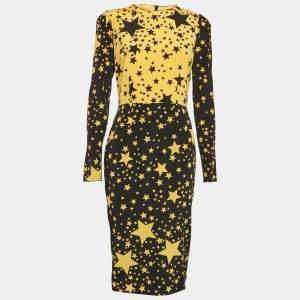 Pre Owned Dolce & Gabbana Black/Yellow Stars Print Silk Midi Dress M
