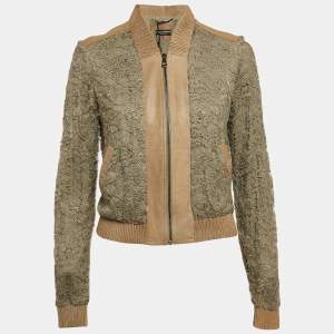 Pre Owned Dolce & Gabbana Green Leather Trim Lace Bomber Jacket S