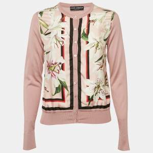 Pre Owned Dolce & Gabbana Pink Floral Print Silk and Rib Knit Cardigan S