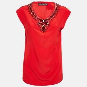Pre Owned Dolce & Gabbana Red Rhinestone Embellished Silk Top M