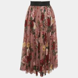 Pre Owned Dolce & Gabbana Pink Floral Print Silk Gathered Midi Skirt L
