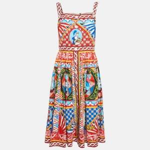 Pre Owned Dolce & Gabbana Red/Blue Carretto Print Poplin Gathered Midi Dress L