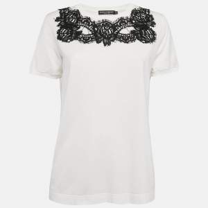 Pre Owned Dolce & Gabbana White Cotton Lace Detail Crew Neck T-Shirt L