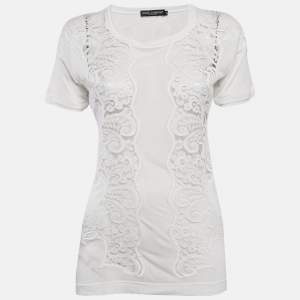 Pre Owned Dolce & Gabbana White Modal & Lace Trim Crew Neck Top M