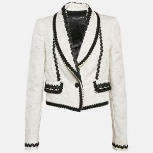Pre Owned Dolce & Gabbana White Brocade Lace Trim Cropped Blazer L