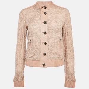 Dolce & Gabbana Beige Leather Trim Lace Blouson Jacket S
