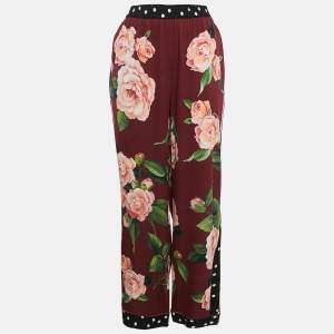 Pre Owned Dolce & Gabbana Burgundy Floral Print Silk Wide-Leg Trousers XL