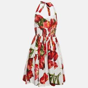 Dolce & Gabbana White and Red Tulip Print Cotton Halter Neck Short Dress XL