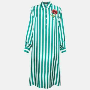 Pre Owned Dolce & Gabbana Green/White Floral Embroidered Stripe Silk Midi Dress S