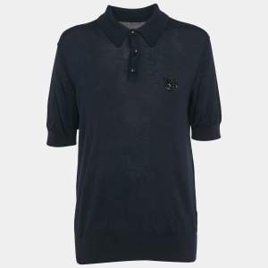 Pre Owned Dolce & Gabbana Navy Blue Bug Embellishment Cashmere Polo T-Shirt L