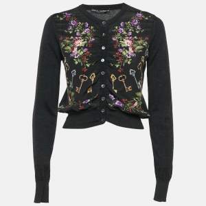 Pre Owned Dolce & Gabbana Black Floral Print Silk & Wool Knit Ruched Cardigan M