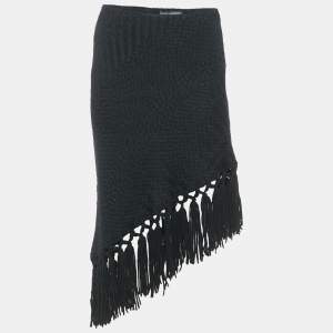 Dolce & Gabbana Black Patterned Wool Fringe Detail Asymmetric Skirt S
