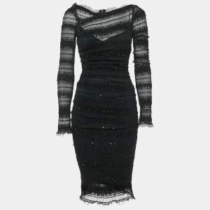 Pre Owned Dolce & Gabbana Black Sequin Tulle Ruched Midi Dress M
