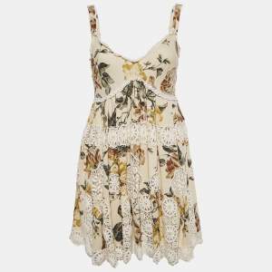 Pre Owned Dolce & Gabbana Beige Floral Print Lace Trim Cotton Blend Mini Dress S