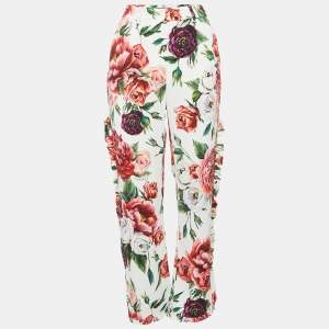 Pre Owned Dolce & Gabbana White Floral Print Crepe Ruffled Trousers M
