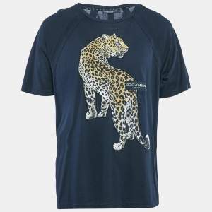 Pre Owned Dolce & Gabbana Navy Blue Leopard Applique Jersey T-Shirt XL