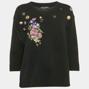 Dolce & Gabbana Black Floral Embroidered Cashmere Button Detail Sweater M