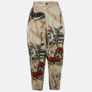Pre Owned Dolce & Gabbana Beige Printed Linen Pleated Trousers XL