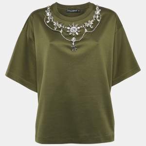 Dolce & Gabbana Olive Green Cotton Stud Embellishment Detail Crew Neck T-Shirt L