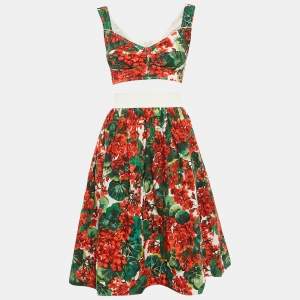 Dolce & Gabbana Multicolor Floral Print Crepe and Cotton Bustier Top and Midi Skirt Set M