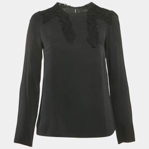 Pre Owned Dolce & Gabbana Black Lace Trim Stretch Silk Long Sleeve Top S
