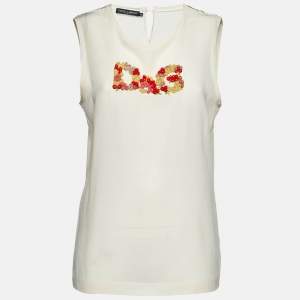 Pre Owned Dolce & Gabbana Cream Silk Floral Logo Detail Sleeveless Top M