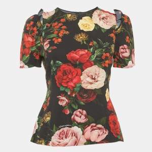 Pre Owned Dolce & Gabbana Black Floral Print Crepe Frill Detail Top M