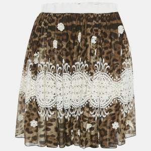 Dolce & Gabbana Brown Leopard Print Lace Trim Silk Mini Skirt S