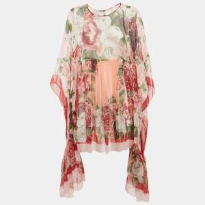 Dolce & Gabbana Pink Floral Print Silk Chiffon Asymmetrical Kaftan Dress M