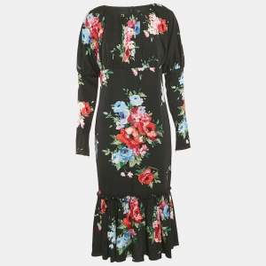 Dolce & Gabbana Black Floral Print Silk Flounce Midi Dress M