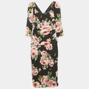 Dolce & Gabbana Black Floral Print Silk Drape Detail Dress L