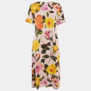 Pre Owned Dolce & Gabbana Pink/Multicolor Floral Print Crepe Button Detail Midi Dress M