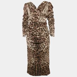Pre Owned Dolce & Gabbana Brown Animal Print Silk Ruched Midi Dress L