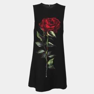 Pre Owned Dolce & Gabbana Black Wool Rose Print Sleeveless Dress L