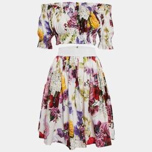 Dolce & Gabbana White Floral Print Cotton Off-The-Shoulder Top and Skirt Set S