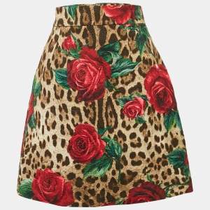 Dolce & Gabbana Brown Rose and Leopard Print Jacquard Mini Skirt S