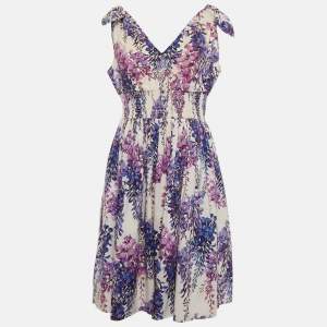 Dolce & Gabbana Floral Print Cotton Tie-Up Shoulder Detail Smocked Short Dress L