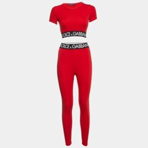 Dolce & Gabbana Red Jersey Logo Detail Leggings & Crop Top Set S