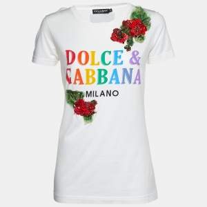 Dolce & Gabbana White Floral Appliqued Cotton Crew Neck T-Shirt S