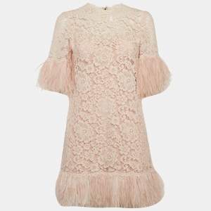 Dolce & Gabbana Pink Lace Feather Embellished Mini Dress S
