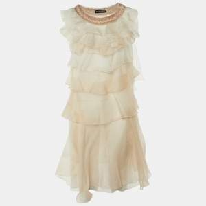 Pre Owned Dolce & Gabbana white & Pink Organza Ruffled Mini Dress S