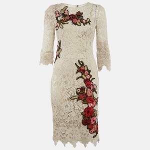 Pre Owned Dolce & Gabbana Light Beige Lace Floral Applique Detail Short Dress M