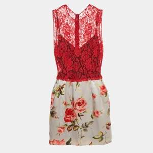 Dolce & Gabbana Red Lace and Floral Print Satin Mini Dress M