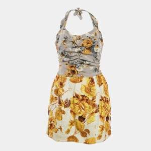 Dolce & Gabbana Grey/Yellow Floral Print Jacquard and Crepe Halter Neck Dress M