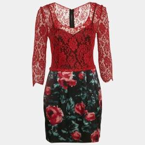Dolce & Gabbana Red/Black Lace and Floral Print Crepe Mini Dress M