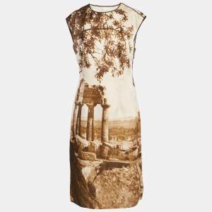 Dolce & Gabbana Beige Digital Greek Temple Print Silk Sleeveless Midi Dress M