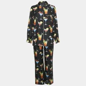  Dolce & Gabbana Black Cocktail Print Silk Pajama Shirt and Pants Set S