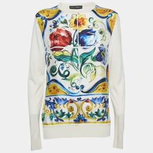 Dolce & Gabbana Multicolor/Off-White Printed Silk Long Sleeve Top XS